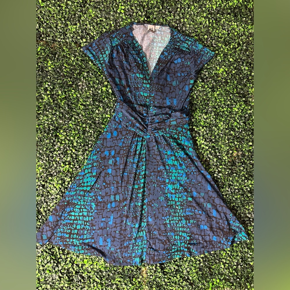 Marc Bouwer Women's S Blue Green All Over Print Dress with wrap